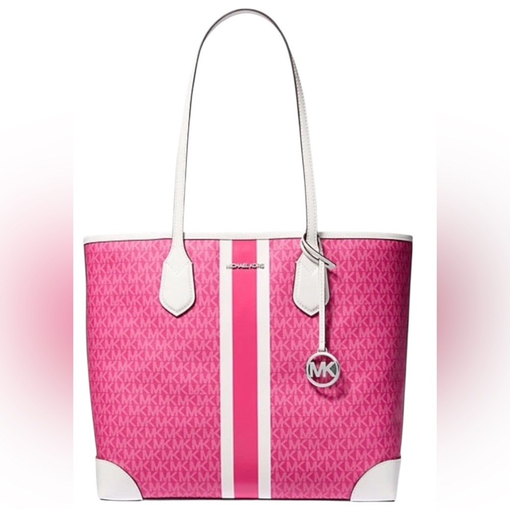 MICHAEL KORS EVA LARGE TOTE W POUCH MK DRAGONFRUIT PINK LOGO STRIPE NWTS $498